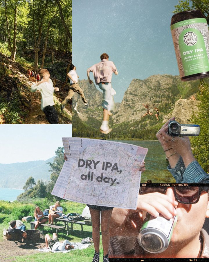 Collage lifestyle BROOTHER Dry IPA : randonnée, lac de montagne et pique-nique entre amis — IPA sans alcool