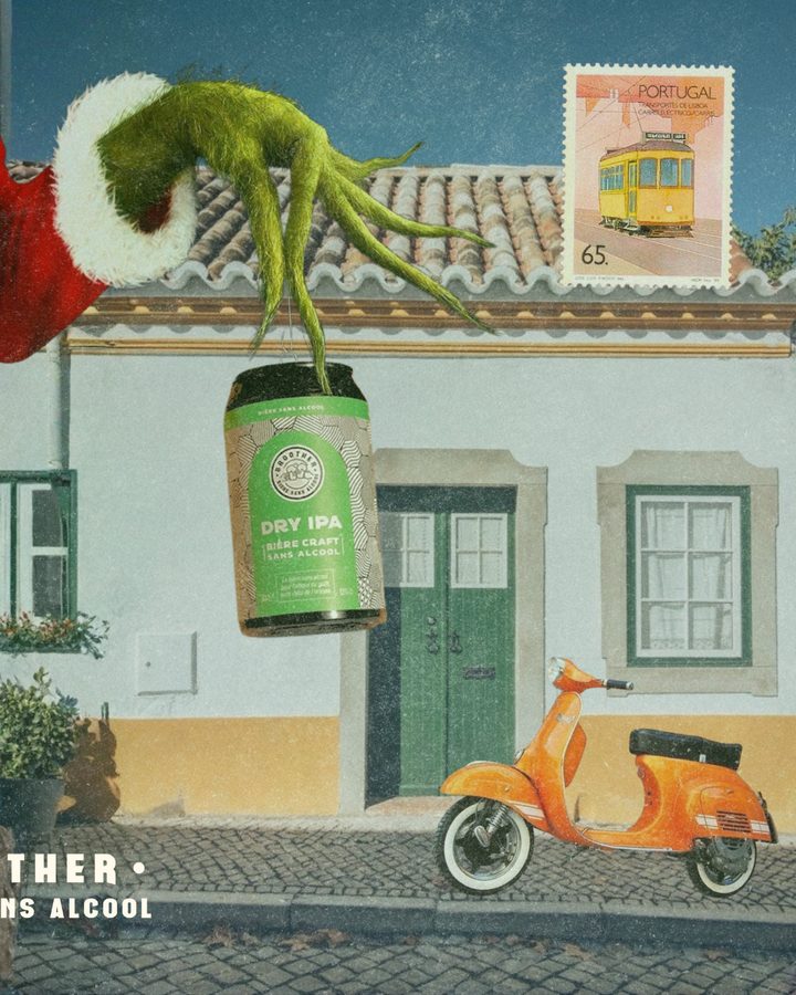 Montage BROOTHER Dry IPA façon carte postale du Portugal avec scooter orange — IPA sans alcool