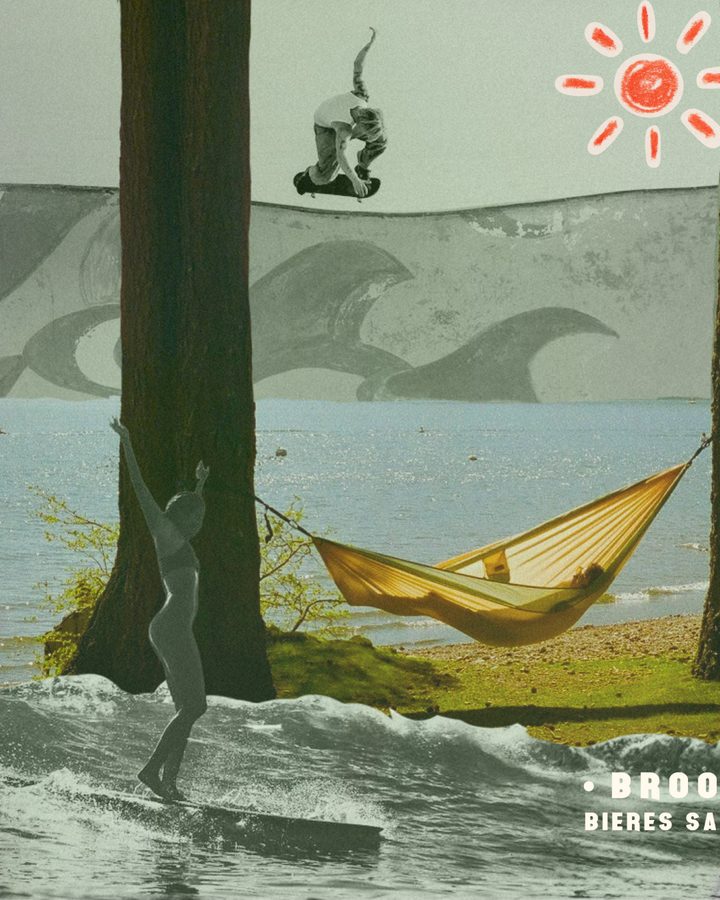 Collage BROOTHER : hamac au bord d'un lac, surf et skate — bière artisanale sans alcool en plein air